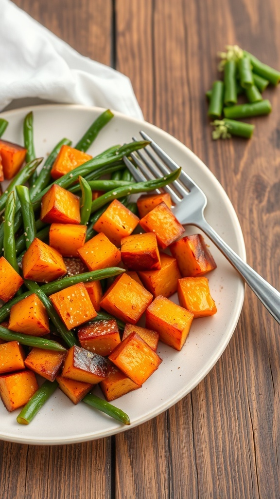 Air-fried sweet potatoes and green beans on a plate, garnished and ready to serve.